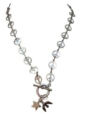 Silver Tone Peace Sign Necklace With Star & Bird Charms Toggle Closure